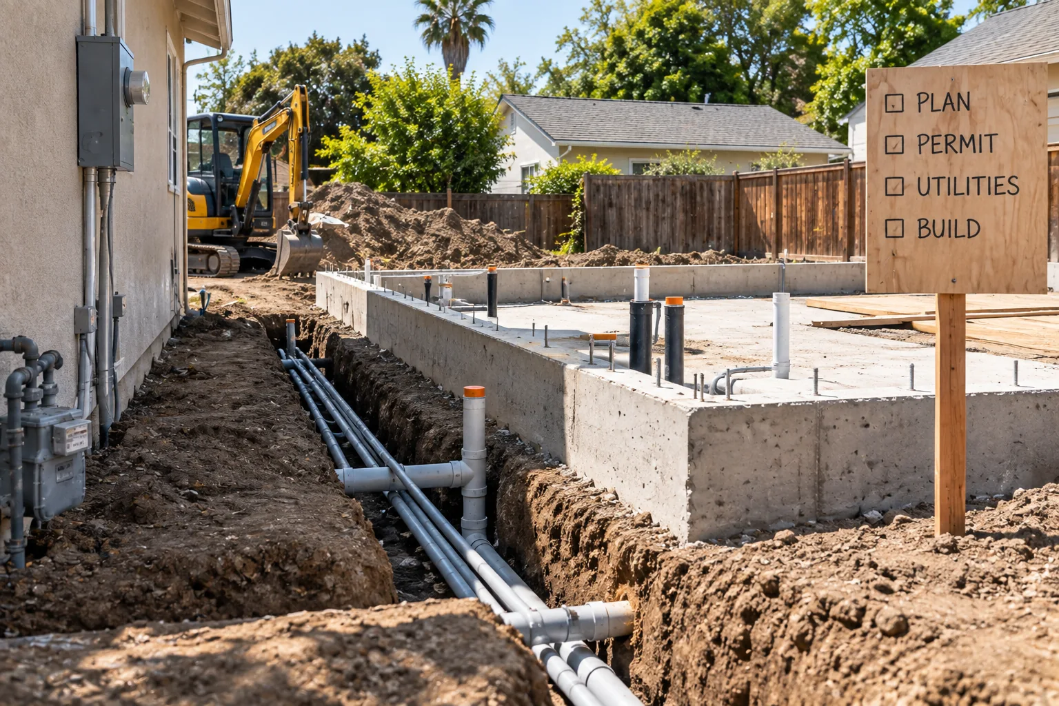 AI-generated illustration of utility trenching at a backyard ADU site