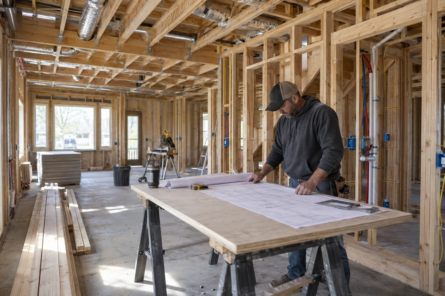 AI-generated illustration of residential framing and building systems during construction