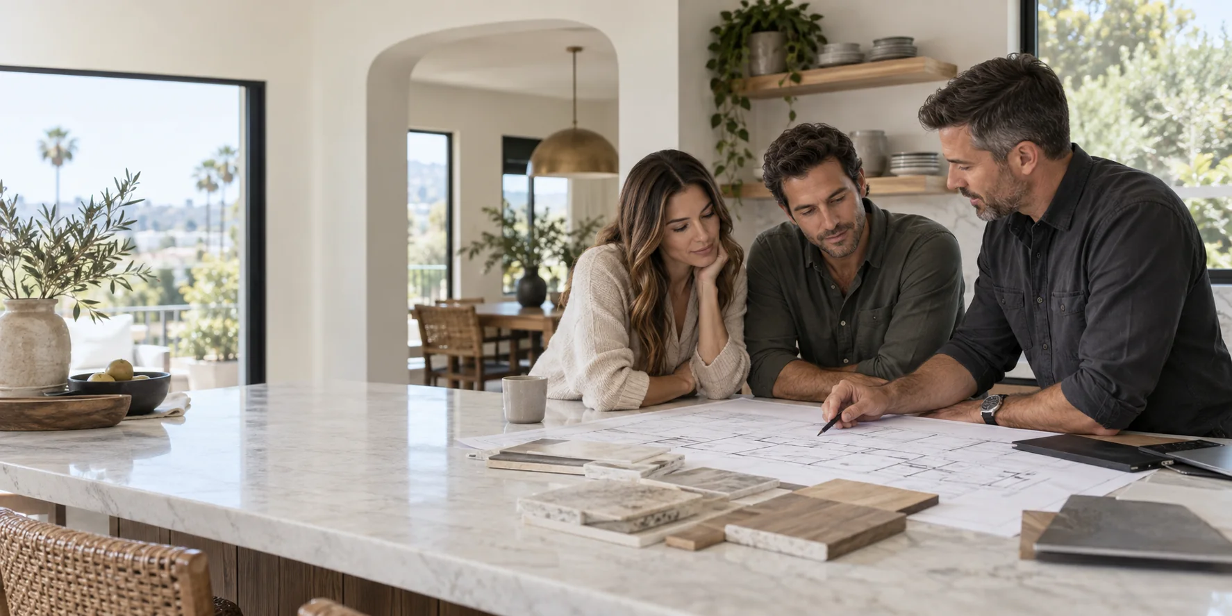 AI-generated illustration of a contractor and homeowners reviewing renovation plans