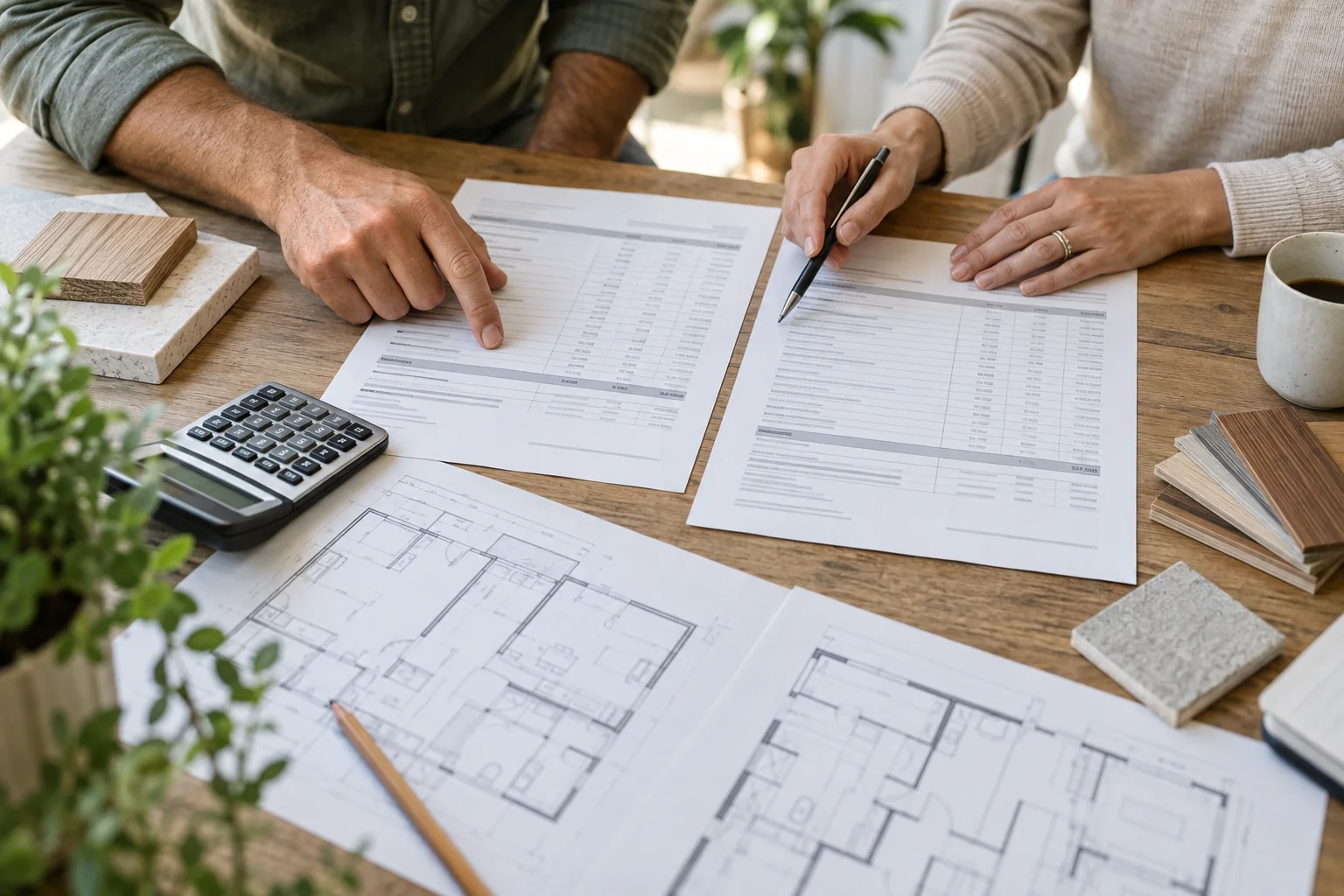 AI-generated illustration of construction estimates beside floor plans and finish samples