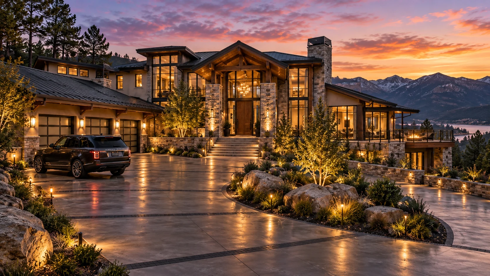 AI-generated illustration of a large home with stone exterior at sunset