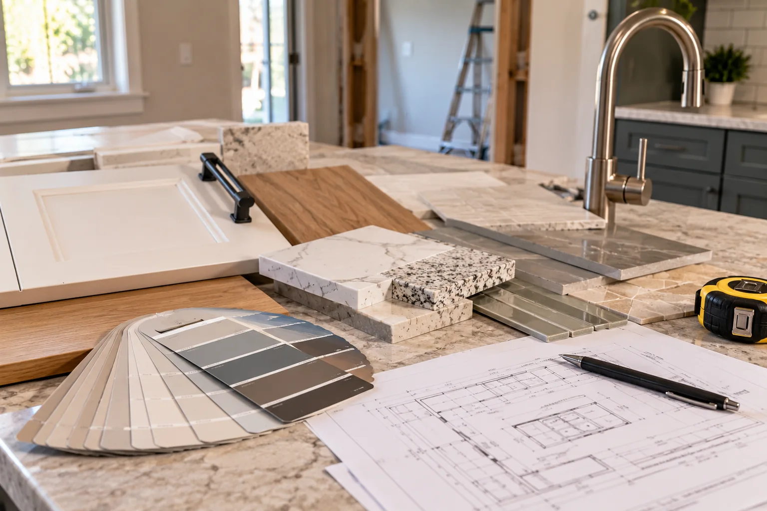 AI-generated illustration of cabinet, tile and countertop samples beside floor plans