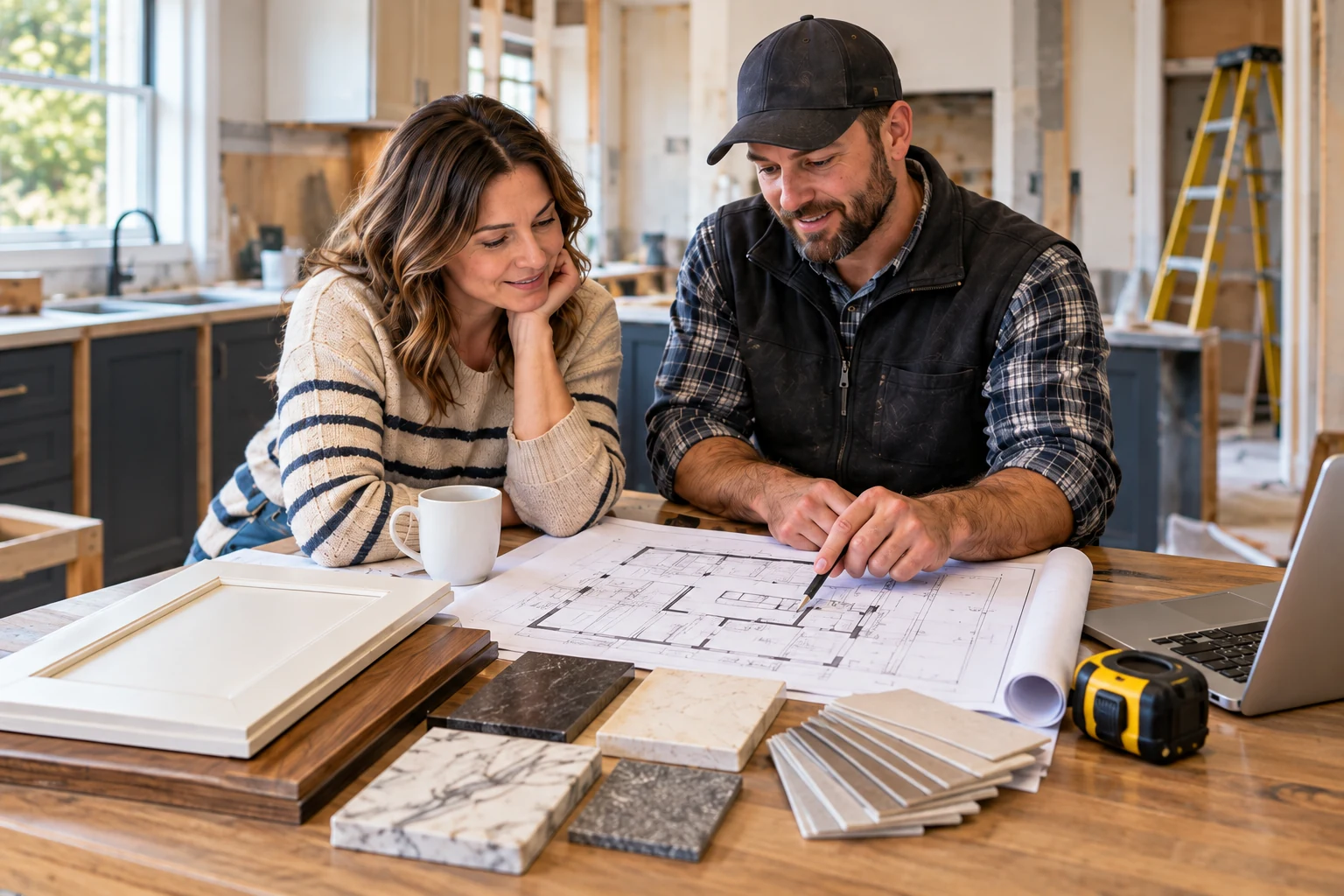 AI-generated illustration of a homeowner and construction professional reviewing plans in a kitchen under renovation