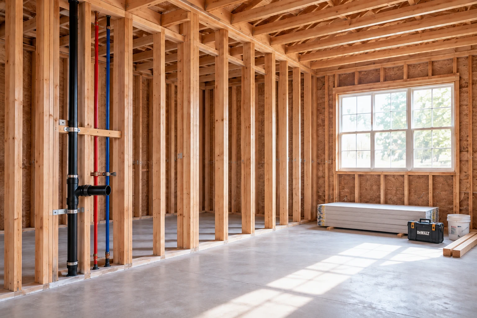 AI-generated illustration of an unfinished home's interior framing and plumbing before wall closure