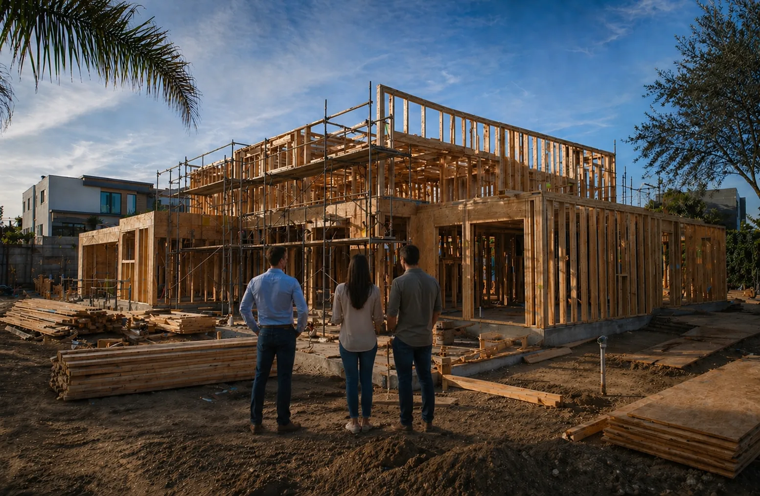 Contractor reviewing plans with homeowners