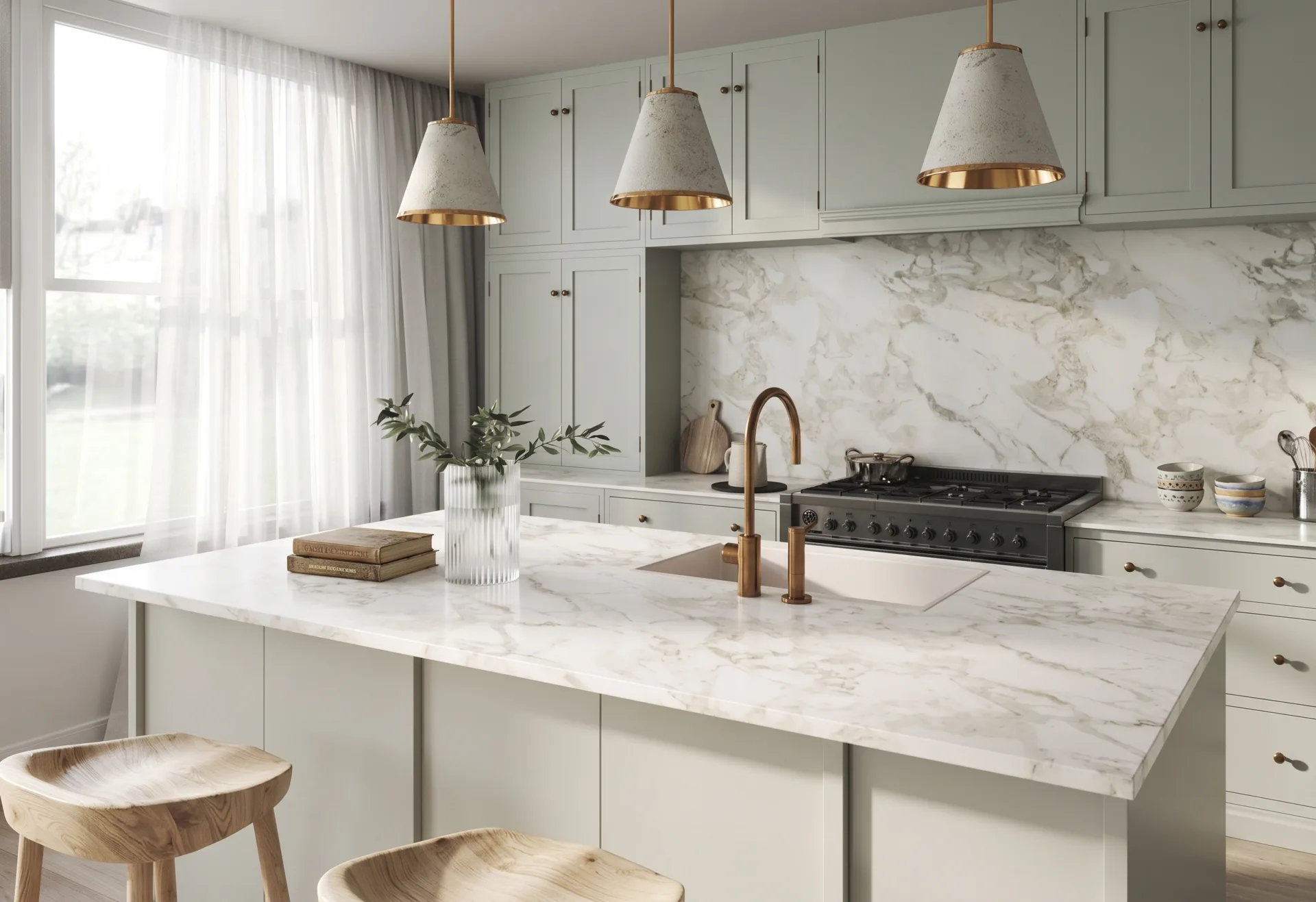 Kitchen cabinetry, stone counters and pendant lighting
