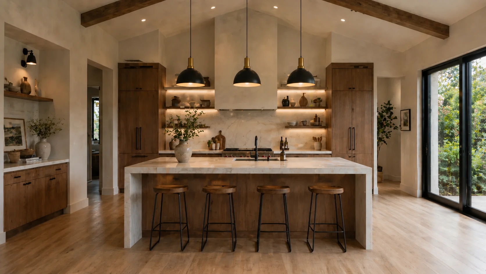 AI-edited illustration of a remodeled kitchen with wood cabinetry and stone surfaces
